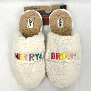 Merry & Bright Slippers Teddy Slide Dearfoams Women's Lg 9/10 Rainbow Stitching